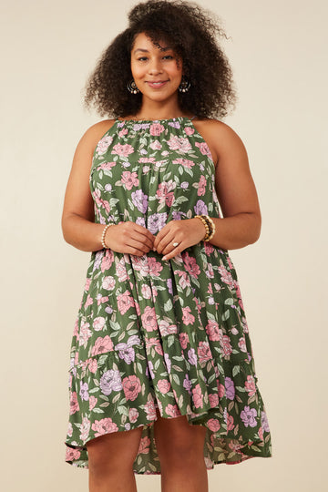 HY5984W Olive Plus Romantic Floral Halter Neck Tiered Midi Dress Front